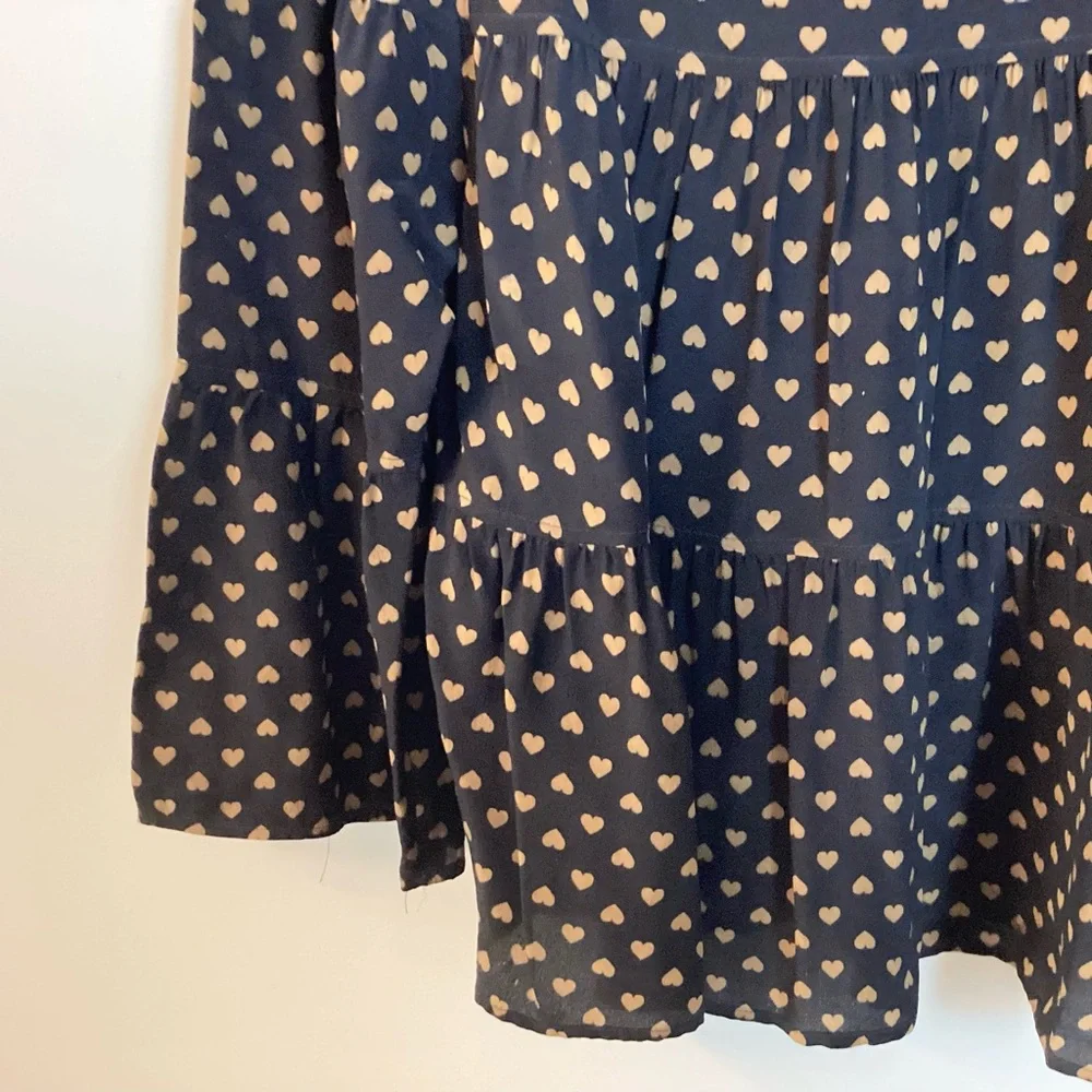 Madewell Silk Tiered Button Back Heart Print Top - Black - S - Picture 3 of 8